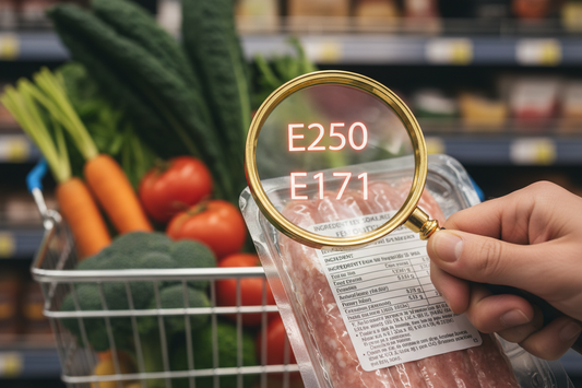 Loupe inspectant une étiquette avec des codes d'additifs alimentaires toxiques au supermarché, à côté d'un panier de légumes frais.