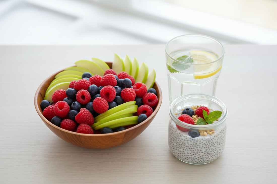 Sélection de fruits à faible index glycémique pour diabétiques : baies, pomme et pudding de chia.