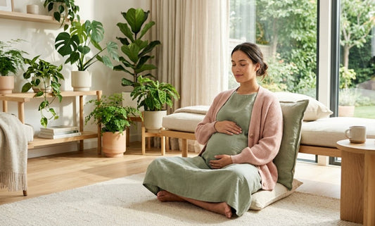 Femme enceinte pratiquant la méditation et la respiration consciente pour réduire le cortisol et favoriser l'ocytocine durant la grossesse naturelle