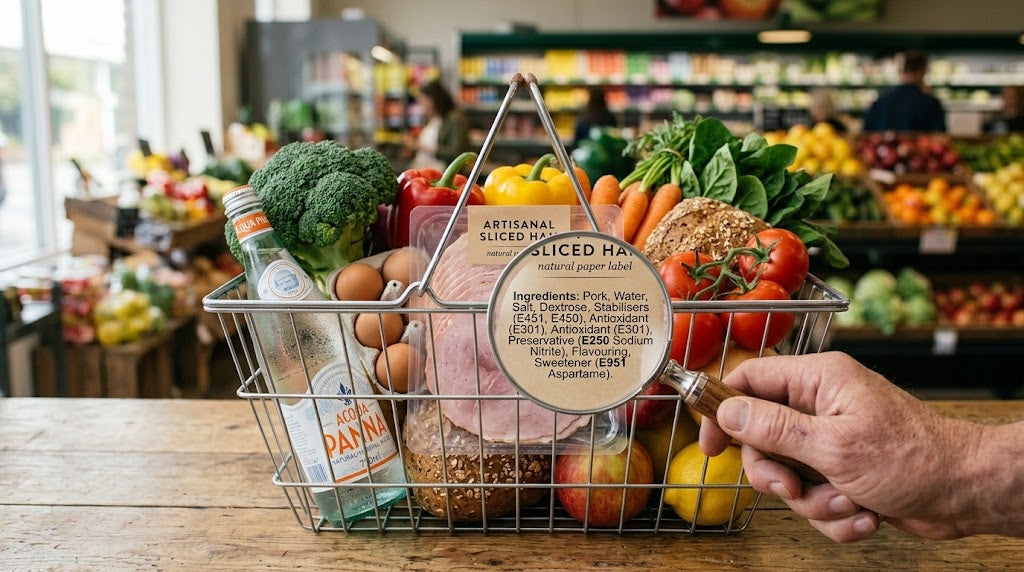 Loupe scrutant une étiquette avec des additifs alimentaires (codes E) au milieu d'aliments sains et bruts