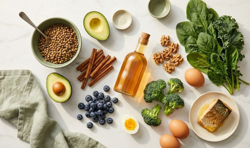 Les 10 meilleurs aliments naturels pour réguler la glycémie : cannelle, avocat, lentilles, myrtilles, vinaigre de cidre et noix disposés en flat lay