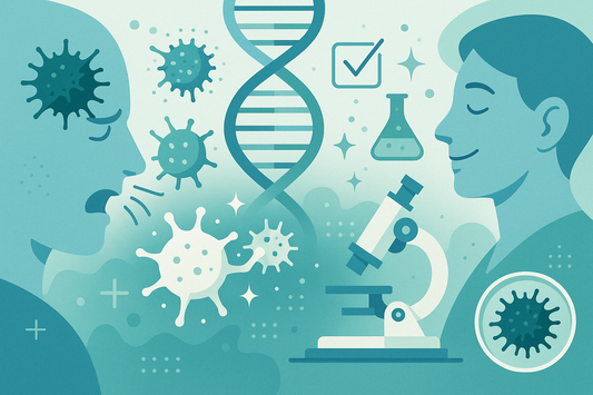 Illustration conceptuelle montrant la rééducation du système immunitaire : des fils chaotiques (allergie) se transforment en fils ordonnés qui tolèrent les allergènes, symbolisant la guérison des allergies.