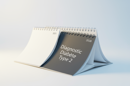 Illustration conceptuelle d'un calendrier dont les pages tournent en arrière, passant d'une date sombre marquée "Diabète" à des pages blanches et lumineuses, symbolisant la rémission du diabète de type 2.