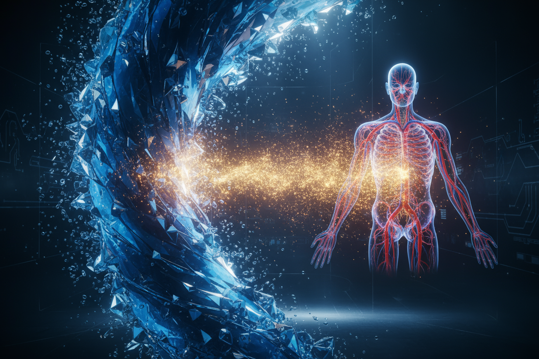 Illustration conceptuelle montrant un vortex d'eau de mer pure transférant des oligoéléments lumineux à un système circulatoire humain, symbolisant les bienfaits du plasma marin Quinton pour la santé.