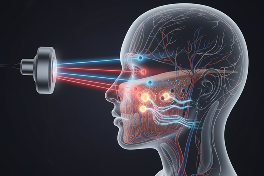 Illustration conceptuelle montrant l'action de la luminothérapie : la lumière rouge et bleue pénètre la peau pour stimuler le collagène et traiter l'acné.