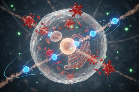 Illustration scientifique de l'eau hydrogénée : des molécules d'hydrogène (H2) ciblent et neutralisent les radicaux libres toxiques, protégeant une cellule de manière sélective.