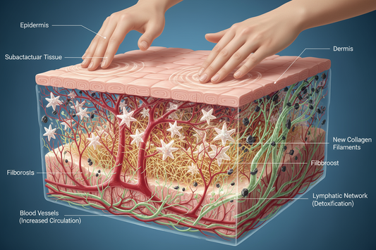 Illustration scientifique des bienfaits du massage du visage, montrant l'activation de la circulation sanguine et la production de collagène sous la peau.