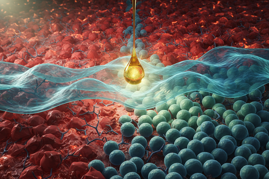 Illustration conceptuelle de l'huile de nigelle : une goutte dorée apaise des cellules enflammées, symbolisant son puissant effet anti-inflammatoire au niveau cellulaire.