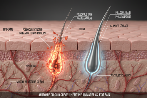 Illustration scientifique montrant un follicule pileux attaqué par l'inflammation (cause de l'alopécie), à côté d'un follicule sain, illustrant le mécanisme de la chute de cheveux.