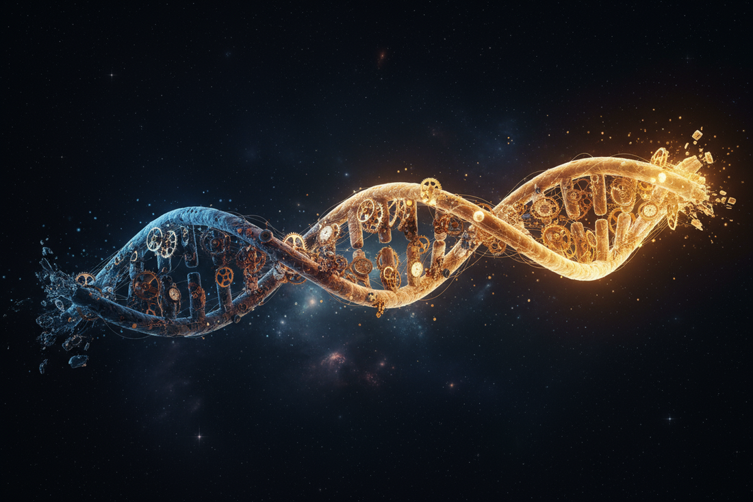 Illustration conceptuelle d'une double hélice d'ADN intégrant une horloge, symbolisant la sénescence cellulaire et le ralentissement du vieillissement au niveau moléculaire.