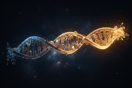 Illustration conceptuelle d'une double hélice d'ADN intégrant une horloge, symbolisant la sénescence cellulaire et le ralentissement du vieillissement au niveau moléculaire.