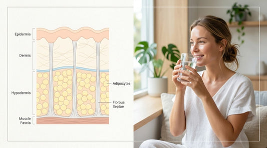Schéma anatomique naturel du tissu adipeux féminin et femme s'hydratant pour atténuer la cellulite