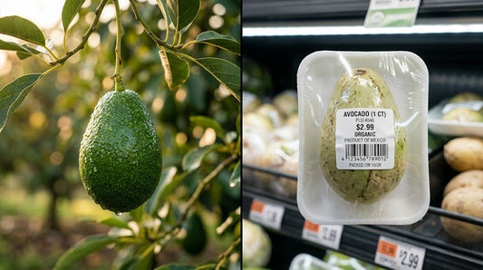 Comparaison entre un avocat naturel sur l'arbre et un avocat industriel de supermarché pour illustrer la perte de qualité nutritionnelle