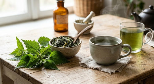 Feuilles fraîches d'ortie piquante (Urtica dioica) et tisane reminéralisante sur une table en bois