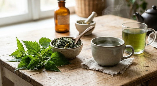 Feuilles fraîches d'ortie piquante (Urtica dioica) et tisane reminéralisante sur une table en bois