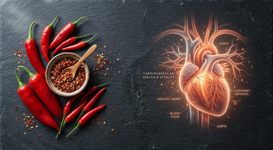Piments rouges frais et illustration abstraite d'un cœur en bonne santé, symbolisant les bienfaits cardiovasculaires de la capsaïcine