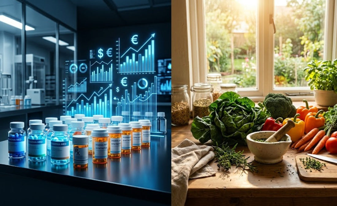 Différence visuelle entre le business model de l'industrie pharmaceutique Big Pharma avec ses médicaments et l'approche préventive de la santé naturelle avec alimentation végétale