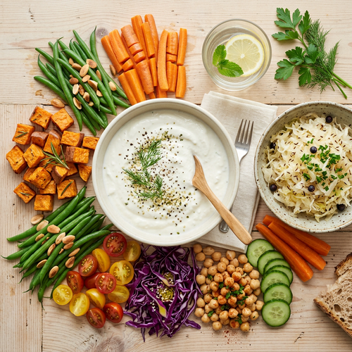 Bol de kéfir entouré de légumes colorés, choucroute, pois chiches et crudités pour rééquilibrer la flore intestinale