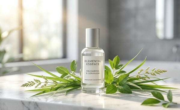Une bouteille de déodorant de laboratoire au Palmarosa et Géranium, posée sur une surface en marbre et entourée de feuillage vert frais dans une salle de bain moderne.