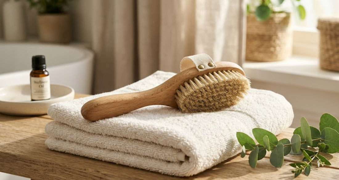 Brosse en poils naturels pour le brossage à sec et le drainage lymphatique sur une serviette blanche