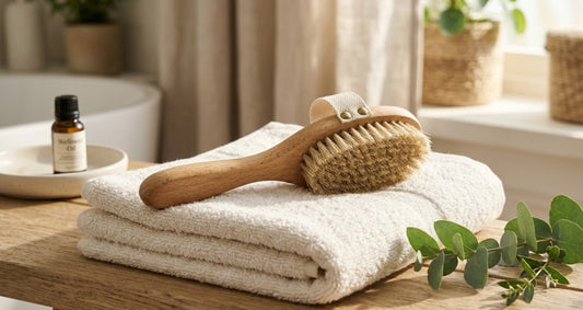 Brosse en poils naturels pour le brossage à sec et le drainage lymphatique sur une serviette blanche