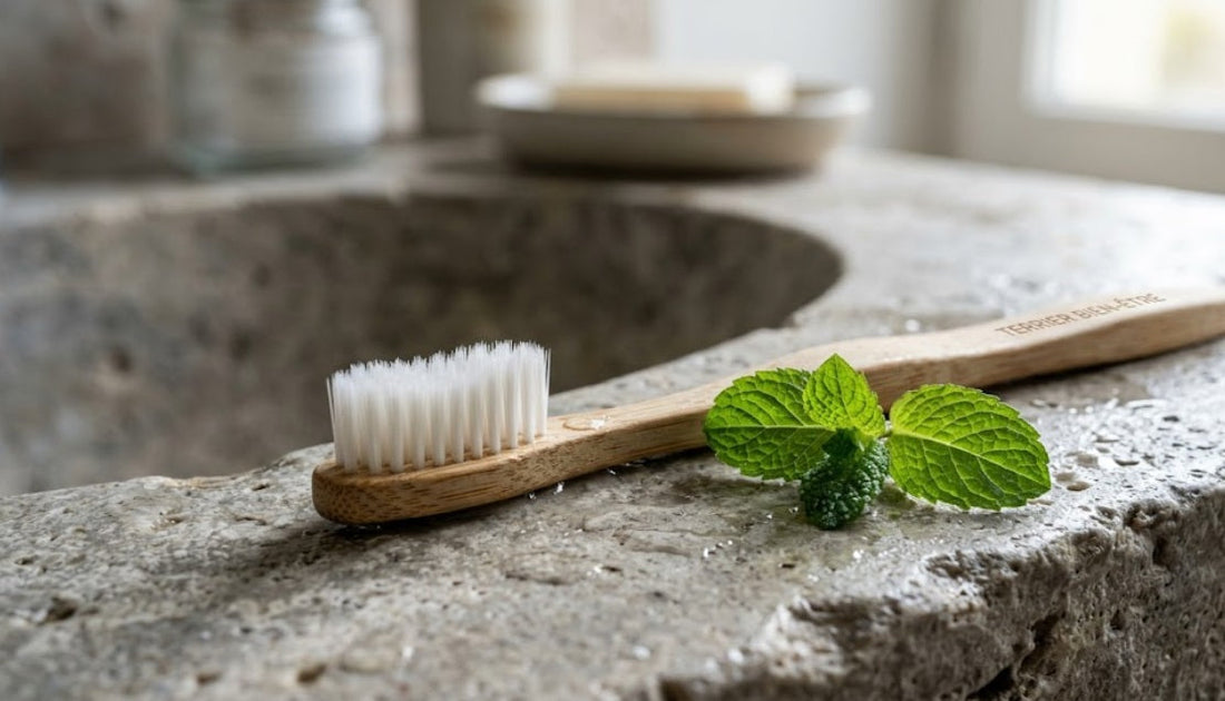 Brosse à dents à poils souples et menthe fraîche, symbolisant une santé bucco-dentaire naturelle et la méthode de Bass.