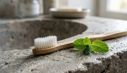 Brosse à dents à poils souples et menthe fraîche, symbolisant une santé bucco-dentaire naturelle et la méthode de Bass.