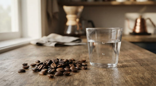Grains de café biologiques et tasse d'eau pure, symbole de décaféination naturelle sans solvants chimiques