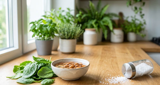 Prévention des calculs rénaux : épinards, amandes et sel sur un plan de travail pour comprendre la réaction des oxalates