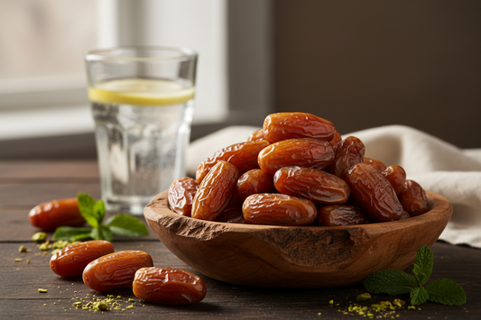 Gros plan sur des dattes Medjool charnues à côté d'un verre d'eau et de noix, illustrant un en-cas sain et naturel.