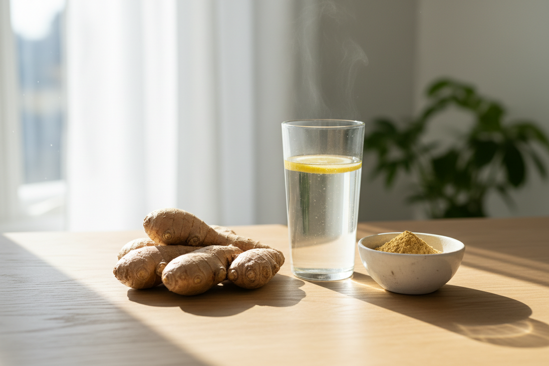 Racine de gingembre frais, poudre de gingembre et eau citronnée sur une table en bois, illustrant les bienfaits naturopathiques.