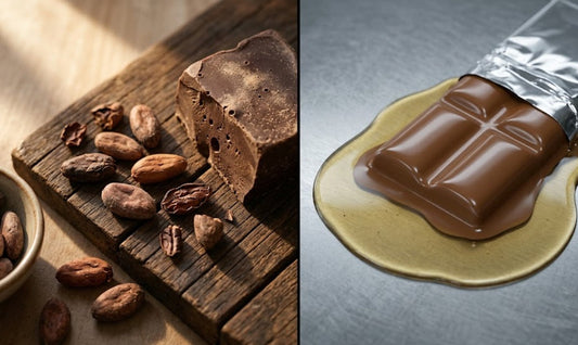 Comparaison entre les fèves de cacao brut du vrai chocolat noir et les ingrédients synthétiques du chocolat industriel.