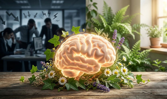 Cerveau apaisé entouré de nature illustrant la guérison du burn-out émotionnel et la libération de la compétition toxique grâce à la neurobiologie