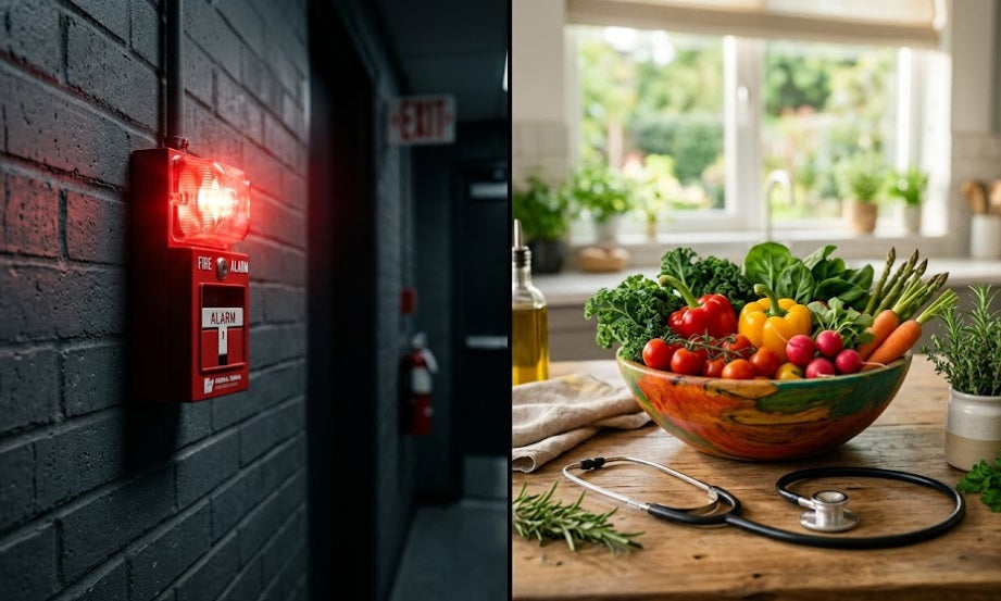 Alarme incendie et approche en médecine intégrative symbolisant l'importance de la prévention en santé naturelle.