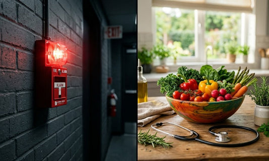 Alarme incendie et approche en médecine intégrative symbolisant l'importance de la prévention en santé naturelle.