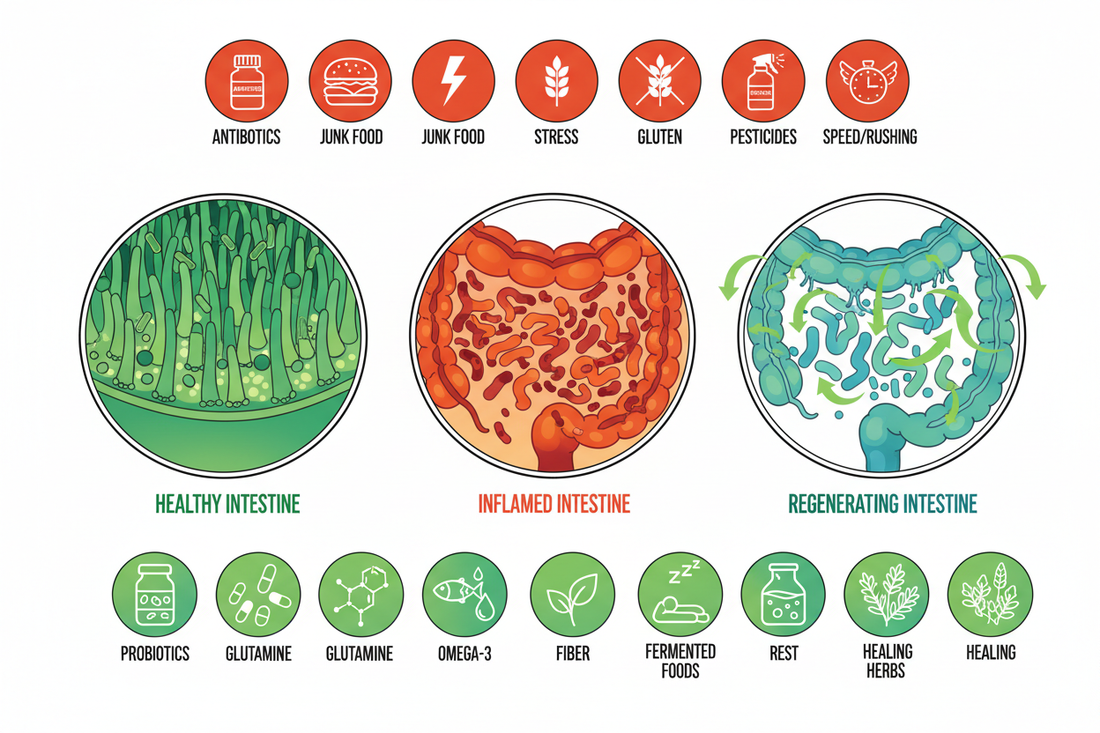 Anatomie intestin grêle montrant inflammation, perméabilité intestinale, dysbiose et 7 solutions naturelles pour régénérer le système digestif et traiter troubles intestinaux