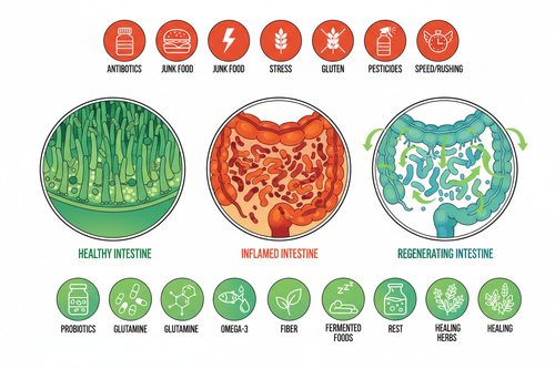Anatomie intestin grêle montrant inflammation, perméabilité intestinale, dysbiose et 7 solutions naturelles pour régénérer le système digestif et traiter troubles intestinaux