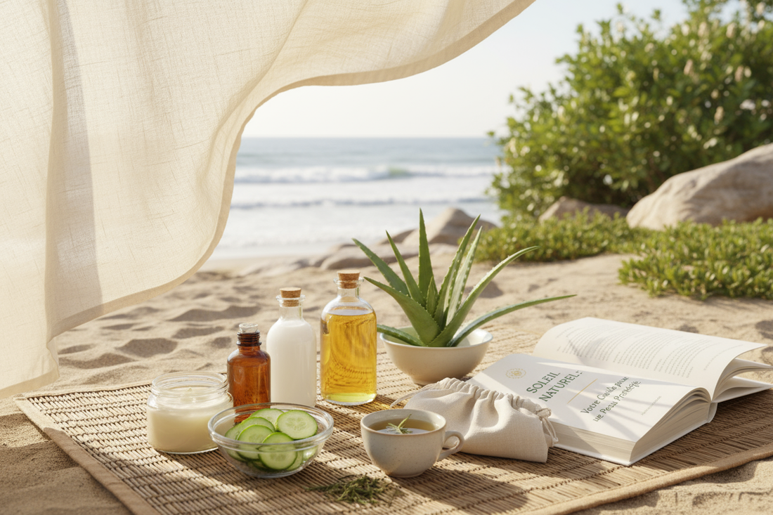 Composition d'ingrédients pour une crème solaire naturelle maison (huile de coco, oxyde de zinc, aloe vera), illustrant une protection solaire efficace et sans produits chimiques.