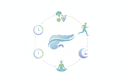 Illustration conceptuelle de la prévention du diabète de type 2 montrant un pancréas sain entouré des facteurs de mode de vie protecteurs : alimentation équilibrée, exercice physique, sommeil de qualité, gestion du stress et jeûne intermittent
