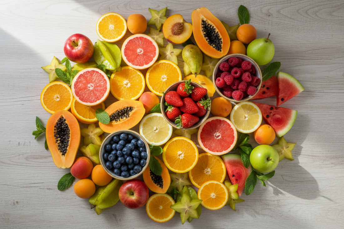 Assortiment coloré de fruits frais recommandés pour les diabétiques incluant agrumes, baies, fruits à noyau et fruits exotiques disposés sur une table en bois