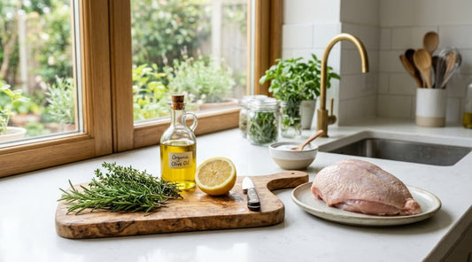 Ingrédients naturels pour une marinade saine avec citron et romarin sur une planche à découper en bois