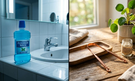 Comparaison entre un bain de bouche chimique toxique pour le microbiote et des alternatives naturelles comme le gratte-langue en cuivre.