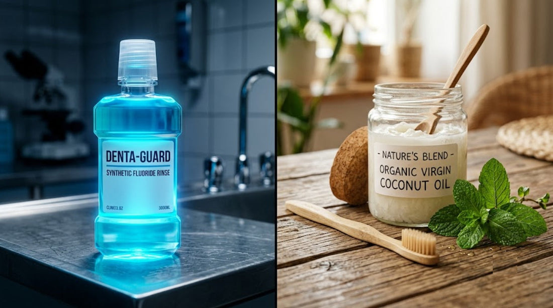 Différence entre un bain de bouche antiseptique industriel et des alternatives naturelles comme l'huile de coco pour le microbiote buccal