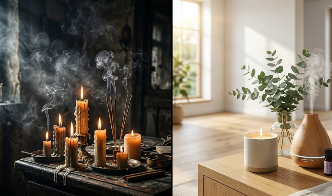 Comparaison entre bougies parfumées à la paraffine avec fumée toxique et alternatives saines : bougie végétale et diffuseur d'huiles essentielles à froid