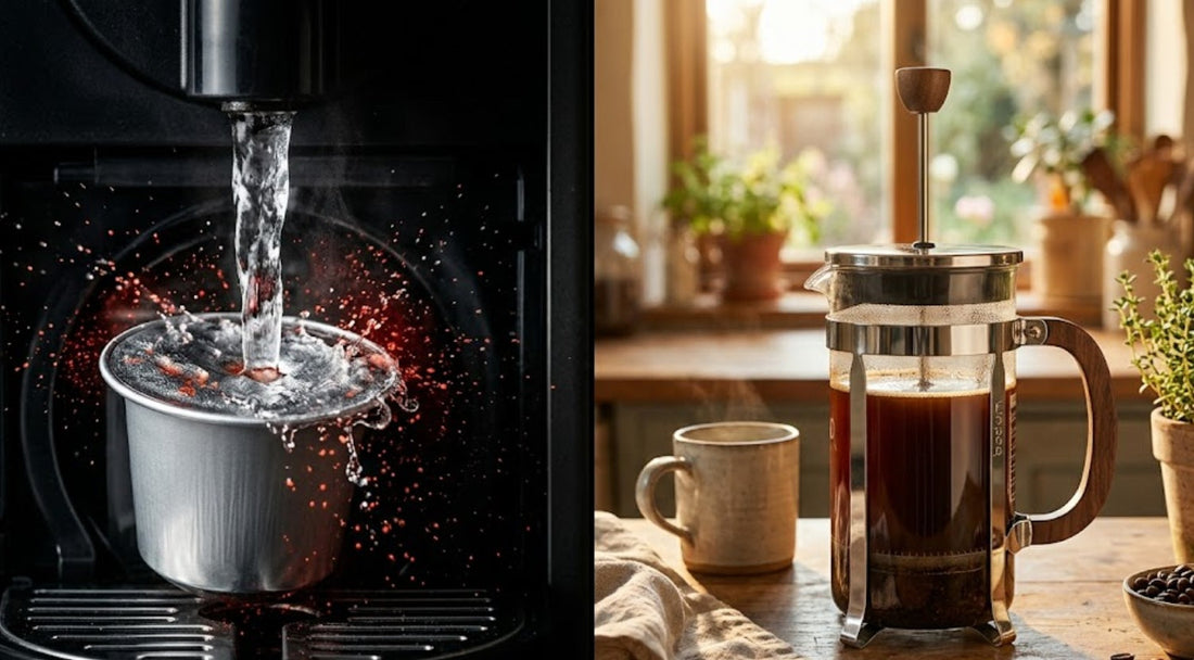 Comparatif entre la toxicité chimique d'une capsule de café industrielle et une méthode d'extraction saine via une cafetière à piston en verre