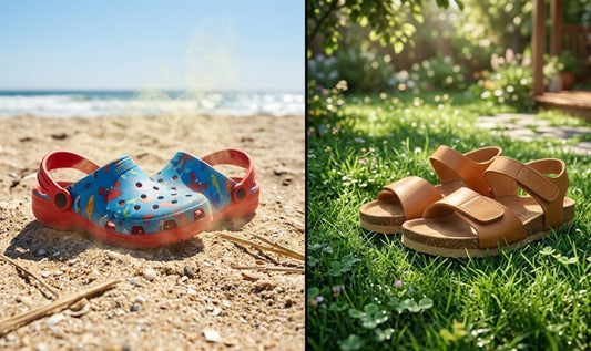 Comparaison entre des chaussures en mousse plastique exposées à la chaleur et des chaussures d'été naturelles pour enfants.