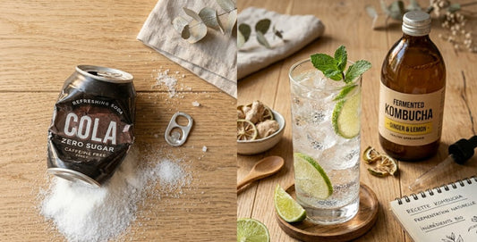 Comparatif entre une canette de soda aux édulcorants et des alternatives saines comme l'eau pétillante au citron et le kombucha pour protéger le microbiote