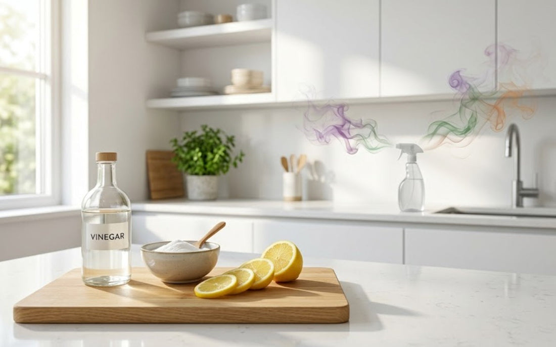 Produits de nettoyage naturels (vinaigre blanc, bicarbonate de soude, citron) comme alternatives saines aux sprays ménagers chimiques libérant des COV toxiques