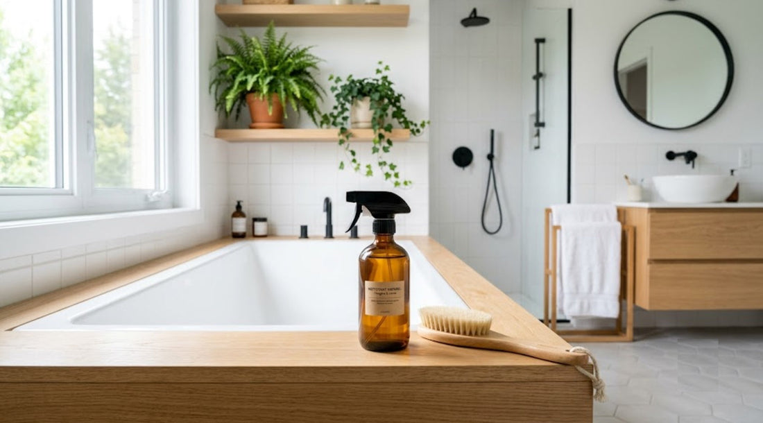 Flacon de produit naturel en verre ambré dans une salle de bain propre pour prévenir le dépôt rose dans la douche