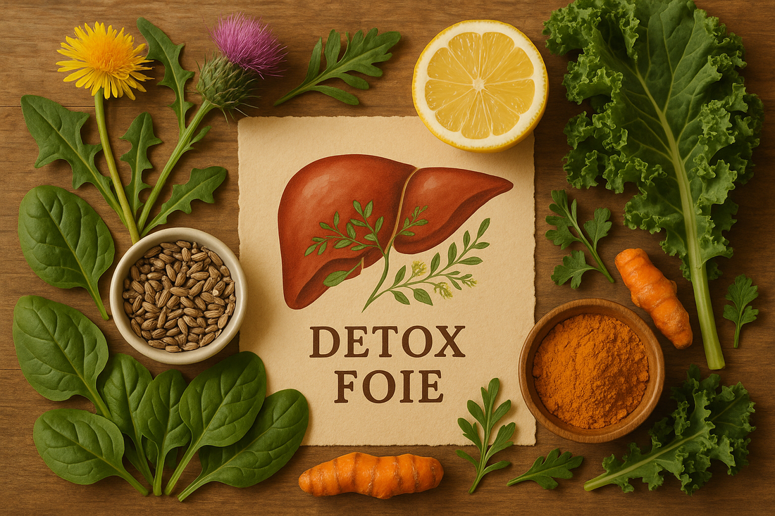 Un foie sain et lumineux recevant de l'énergie de sources naturelles qui l'entourent : eau citronnée, chardon-marie et légumes verts, symbolisant une détoxification hépatique naturelle et efficace.
